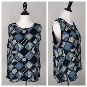 LONNEE Blue Black Purse Boots Gloves Check Sleeveless Blouse Top Shirt Size L